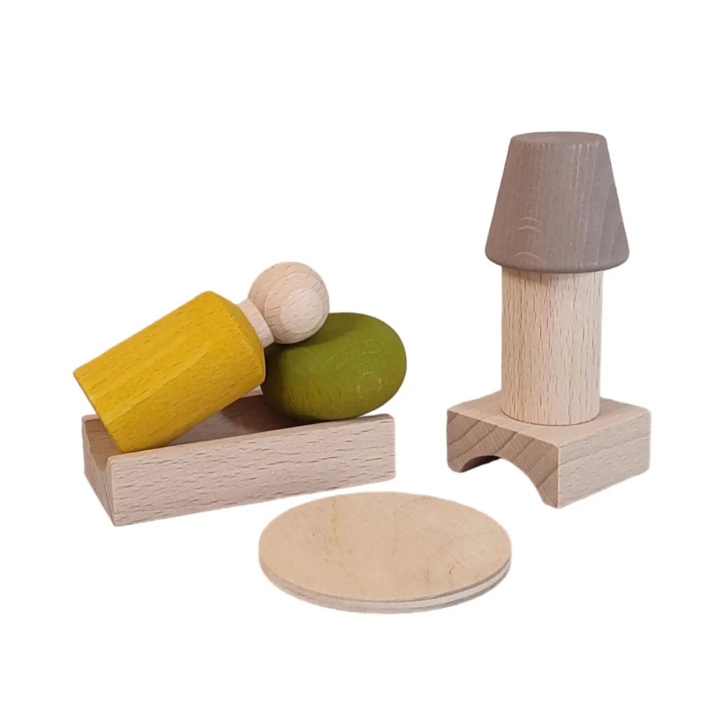 Set of wooden toys including a lamp, blocks, and a round disc on a white background