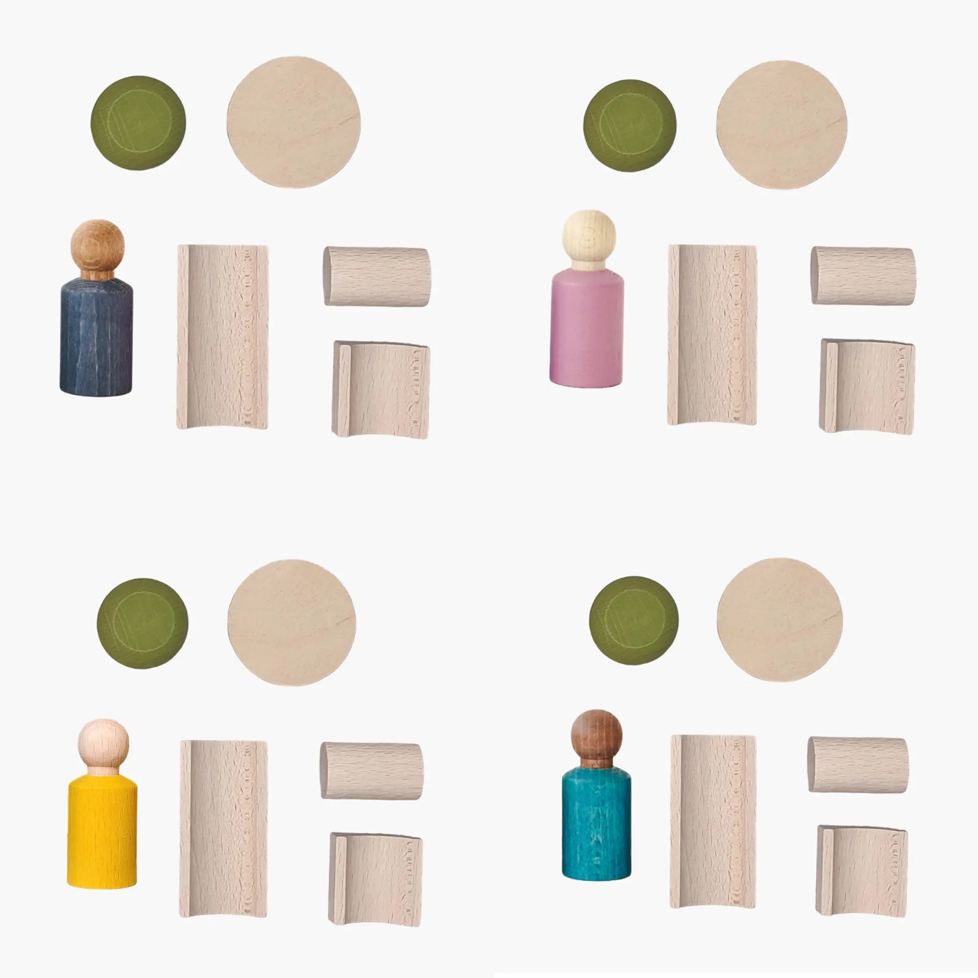 Set of wooden building blocks with colorful bases on a white background