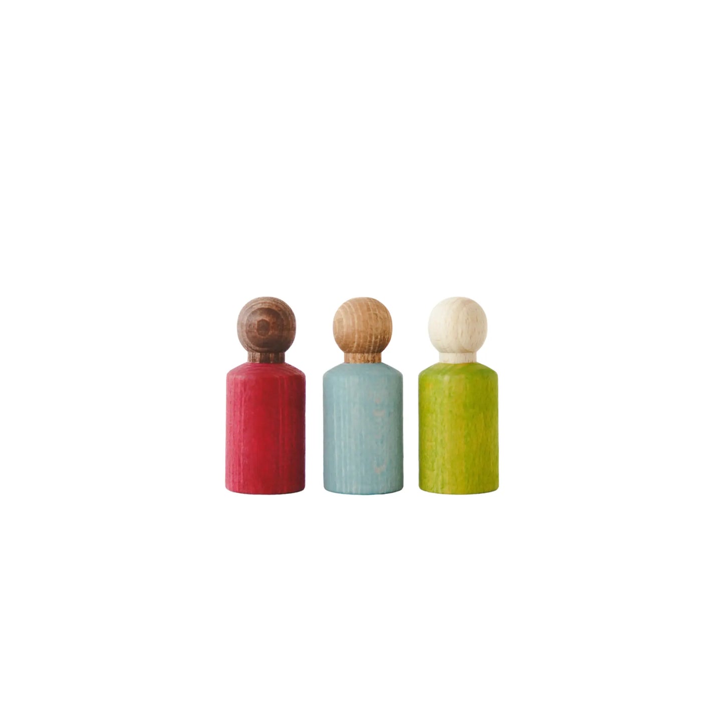 Red, light blue, and light green wooden peg dolls by Lubalona on a white background