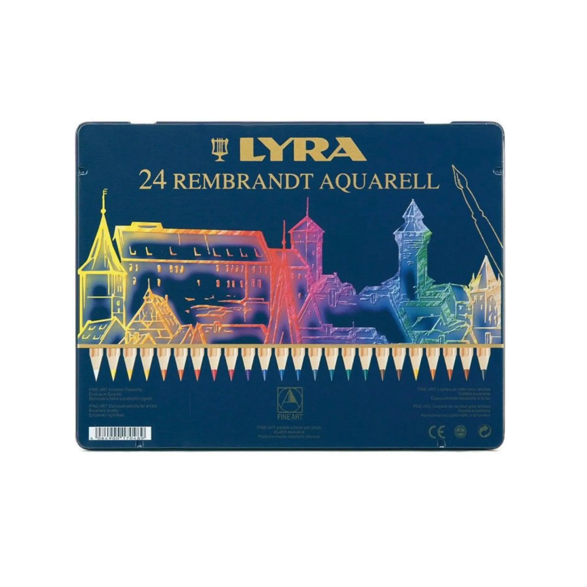 LYRA Rembrandt Aquarell watercolor set packaging with colorful architectural illustration on a blue background