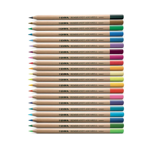 Set of Lyra Rembrandt Aquarell watercolor pencils in various colors on a white background