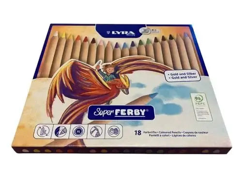 Box of Lyra Super Ferby colored pencils with a dragon illustration on a white background