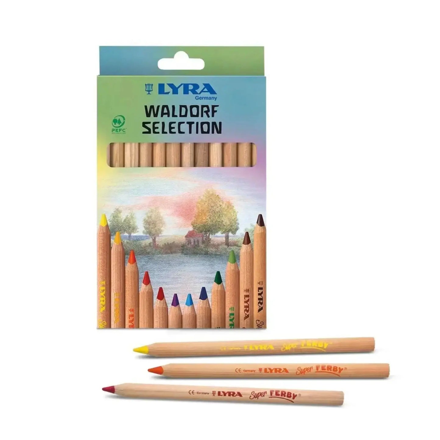 Packaging of Lyra Waldorf Selection colored pencils with two pencils displayed in front.