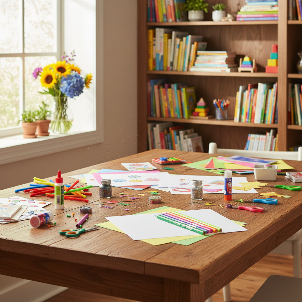 Colorful pencils with arts and crafts supplies on a wooden table top
