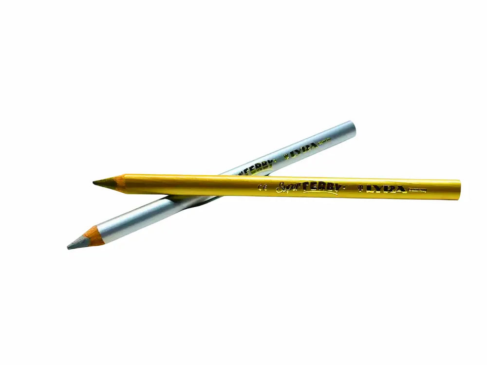Two pencils, one yellow and one silver, on a white background