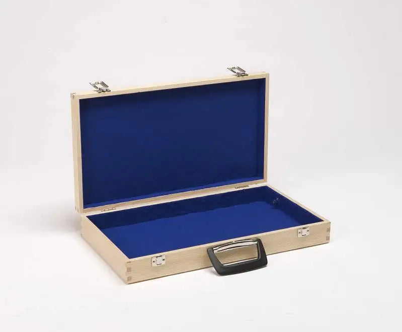 Open Wooden Lyre Case with handle and blue lining