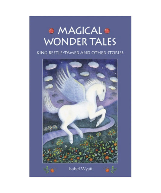 Book cover of 'Magical Wonder Tales' with a white horse illustration on a blue background