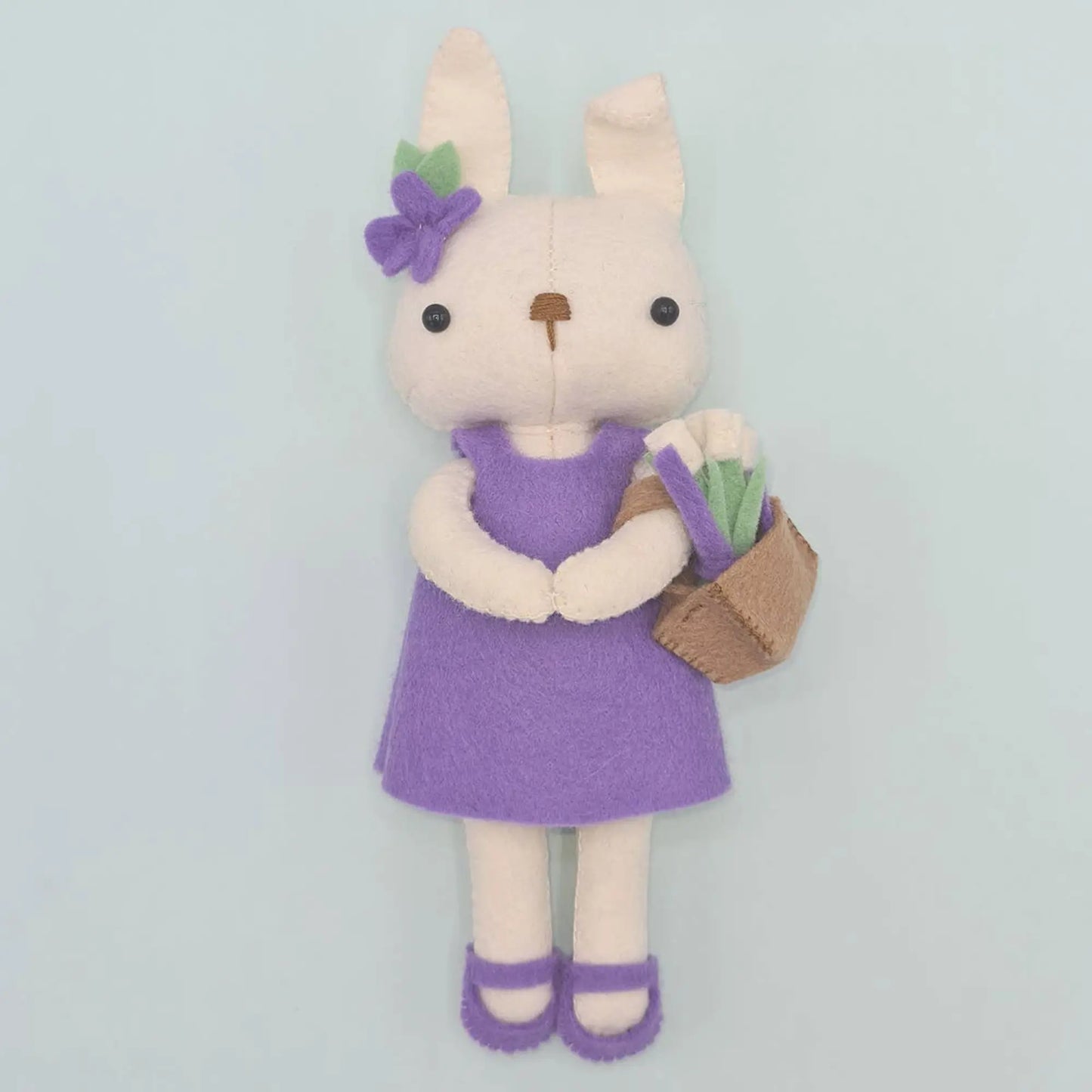 Felt White Bunny Doll in Purple Dress from a DIY Kit