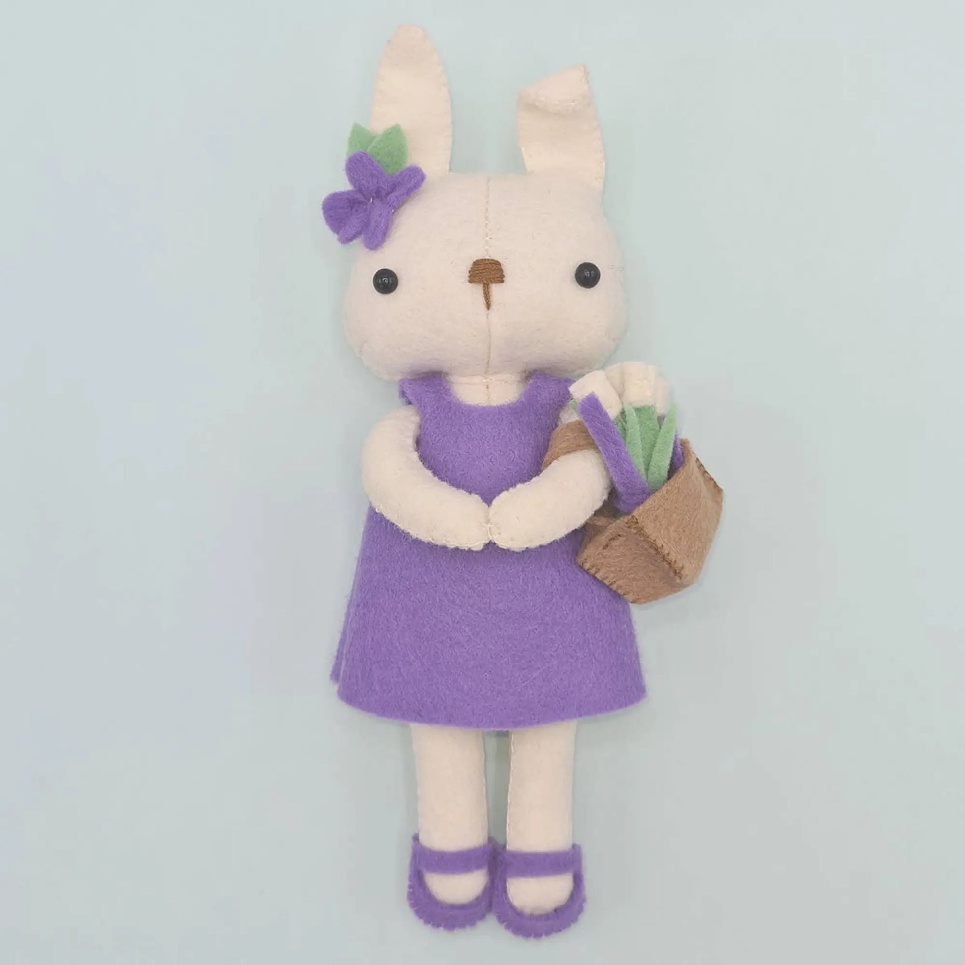 Felt White Bunny Doll in Purple Dress from a DIY Kit