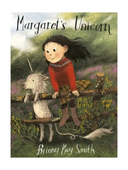 Book cover of 'Margaret's Unicorn' featuring a girl and unicorn in a fantasy landscape.