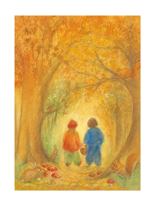 Two children in colorful clothing walking through a forest with autumn leaves.