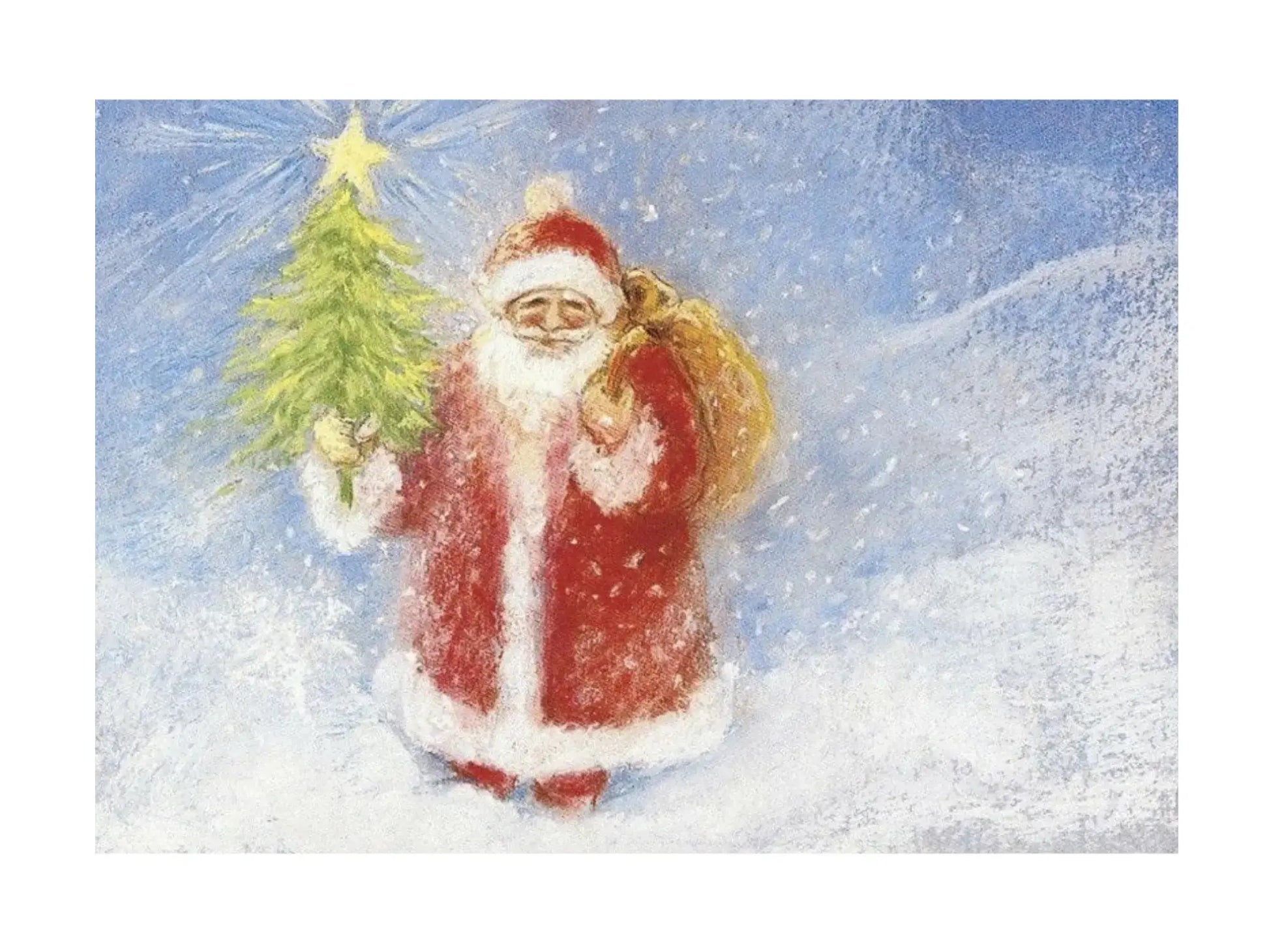 Illustration of Santa Claus holding a Christmas tree in a snowy landscape