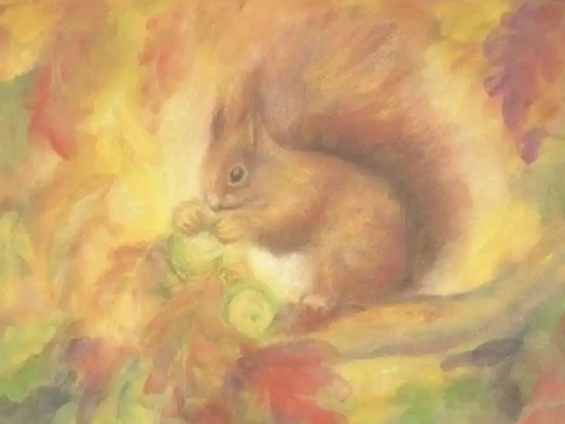 Squirrel holding an acorn in a colorful autumn setting