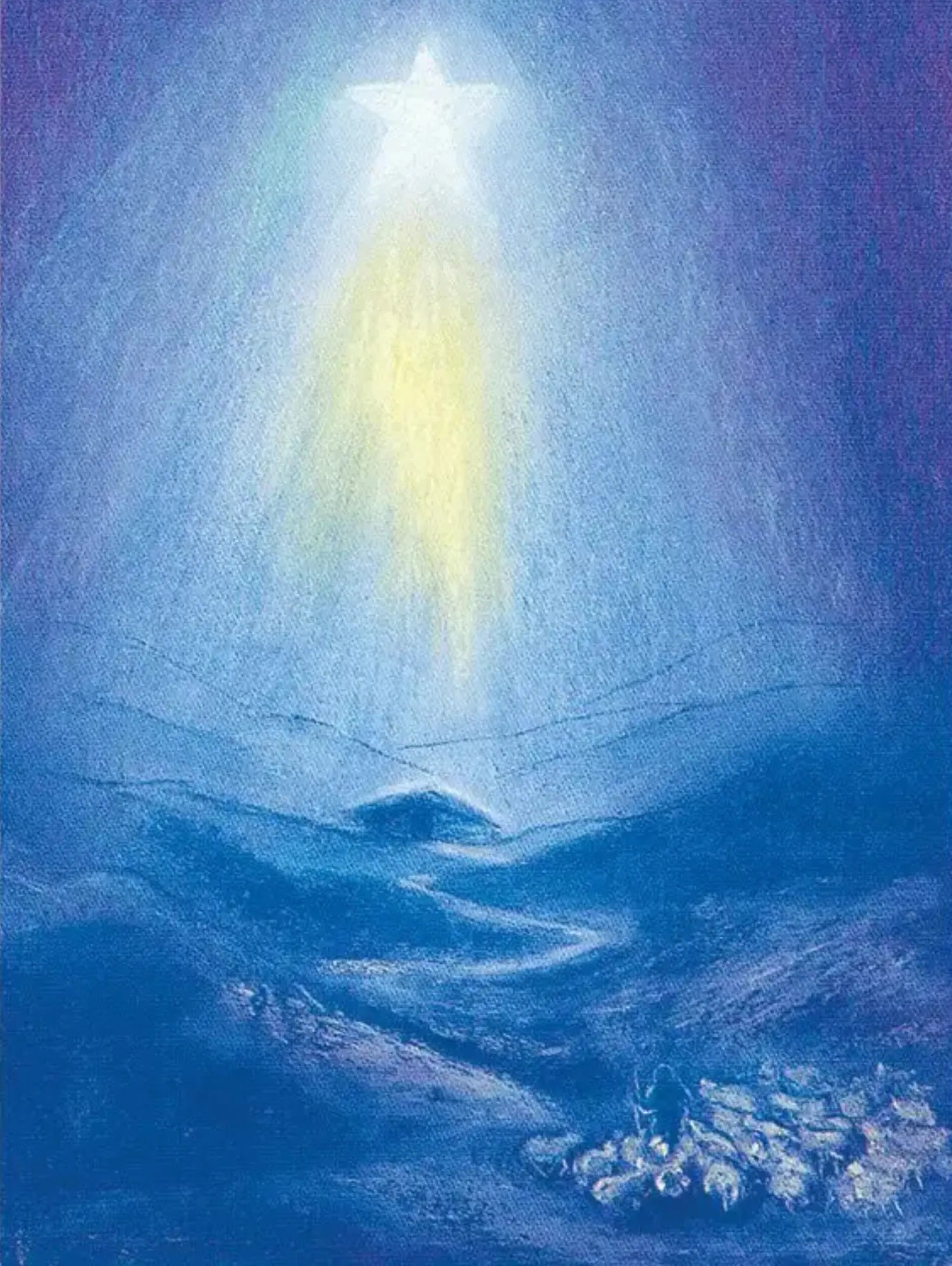 Star of Bethlehem over a mountainous landscape with shepherd and flock