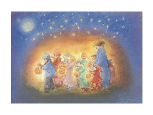 Illustration of children with pumpkin lanterns under a starry night sky.