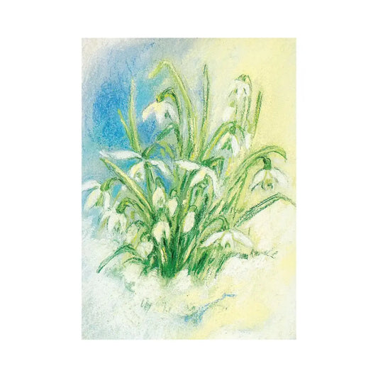 Watercolor painting of snowdrops with a blue and yellow background