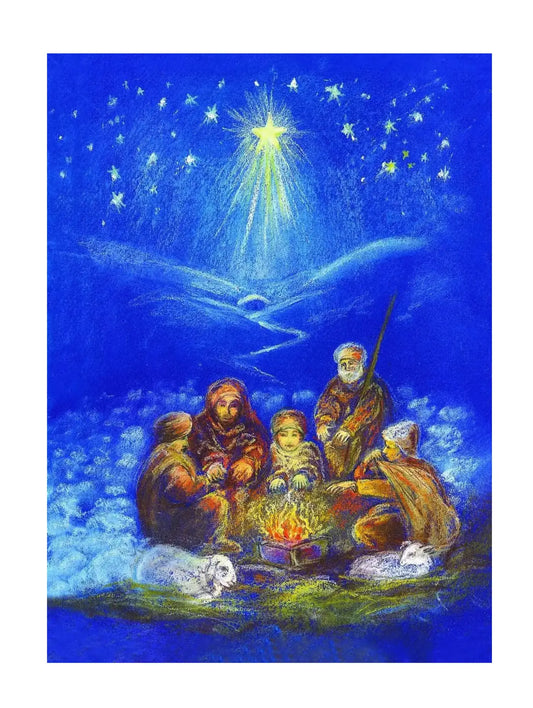 Christmas postcard showing shepherds around a fire with sleeping sheep, under a starlit Christmas night sky.