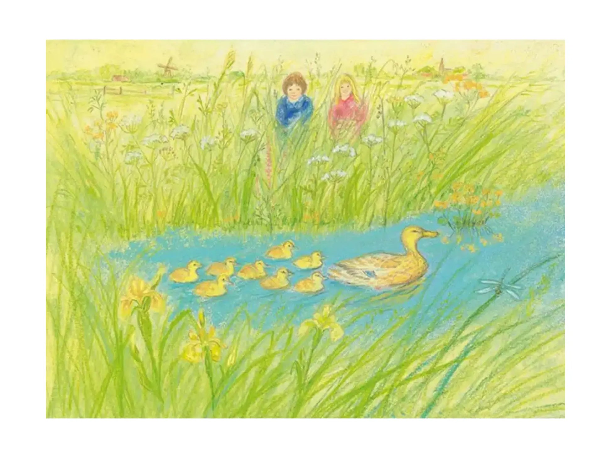 Illustration of a mother duck with ducklings near a pond in a grassy area.