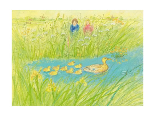 Illustration of a mother duck with ducklings near a pond in a grassy area.