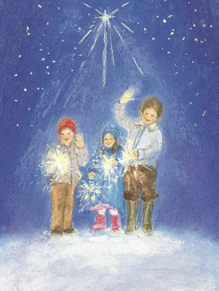 three kids waving while holding sparklers and standing in the snow under a starry sky
