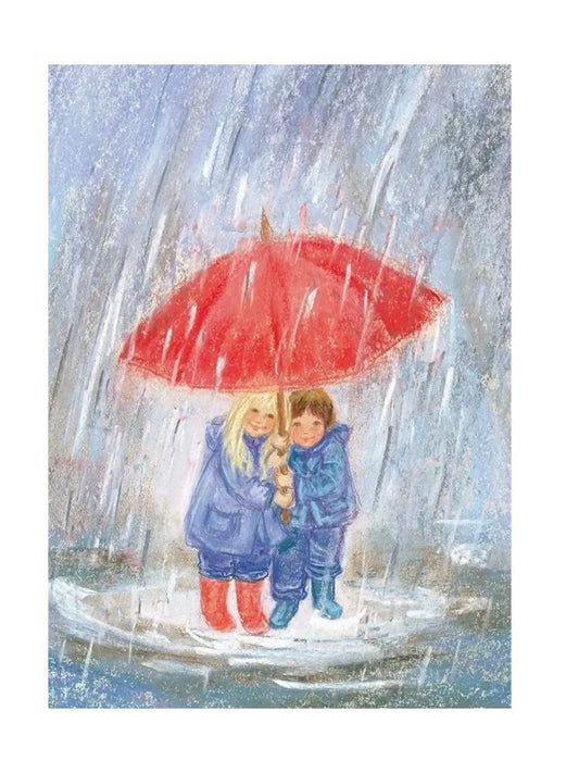 Two children in blue rain gear under a red umbrella in the falling rain