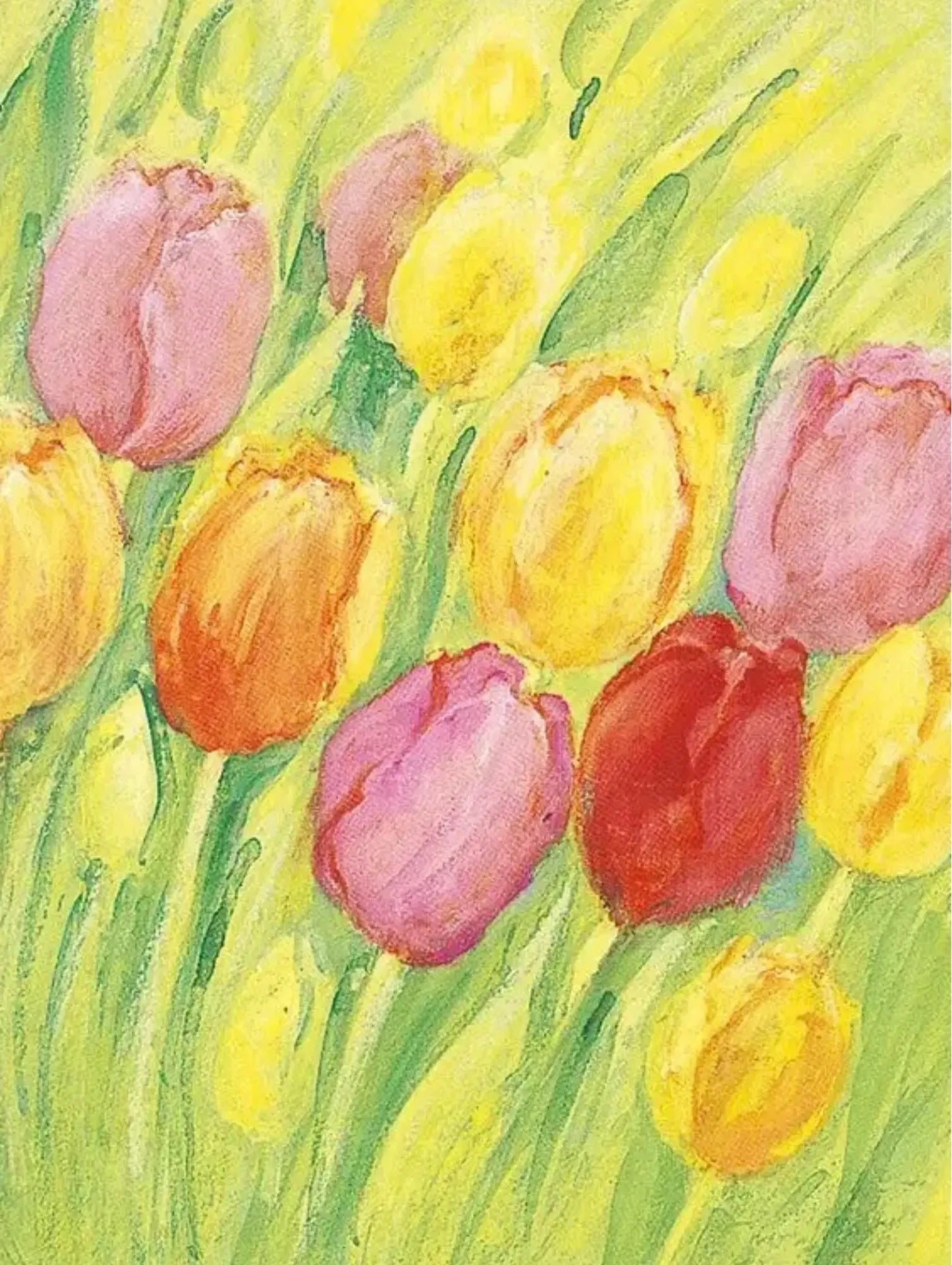 Colorful tulips in a field with watercolor texture postcard by Marjan van Zeyl