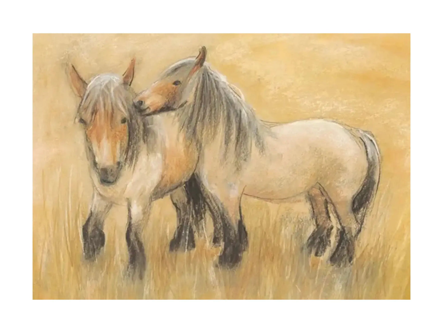 Two horses standing close together on a beige background