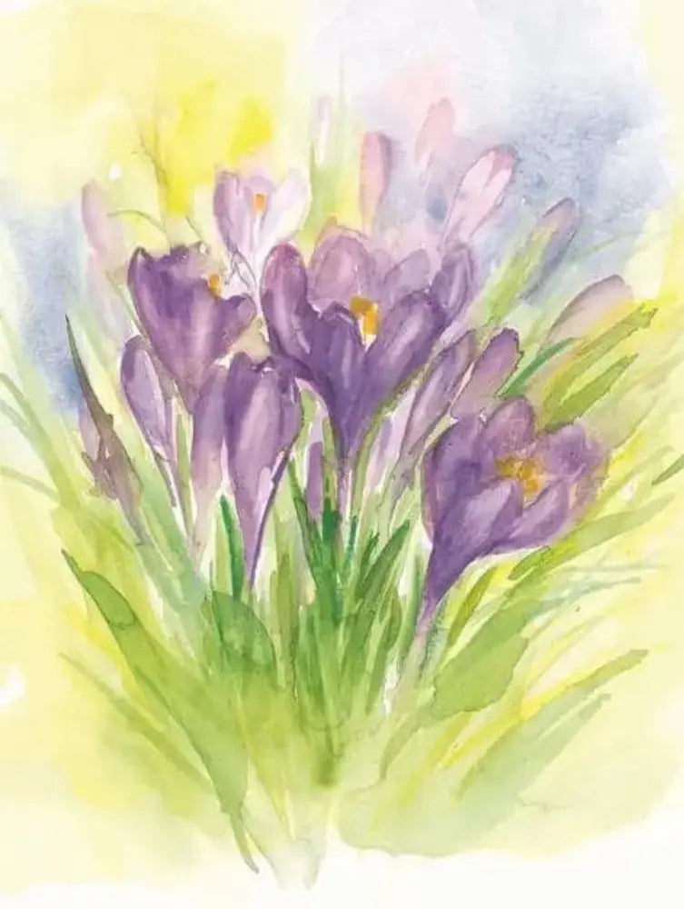 Watercolor painting of purple flowers and green grass