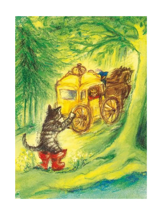 Illustration of puss in boots waving at a king in his yellow carriage in a forest setting