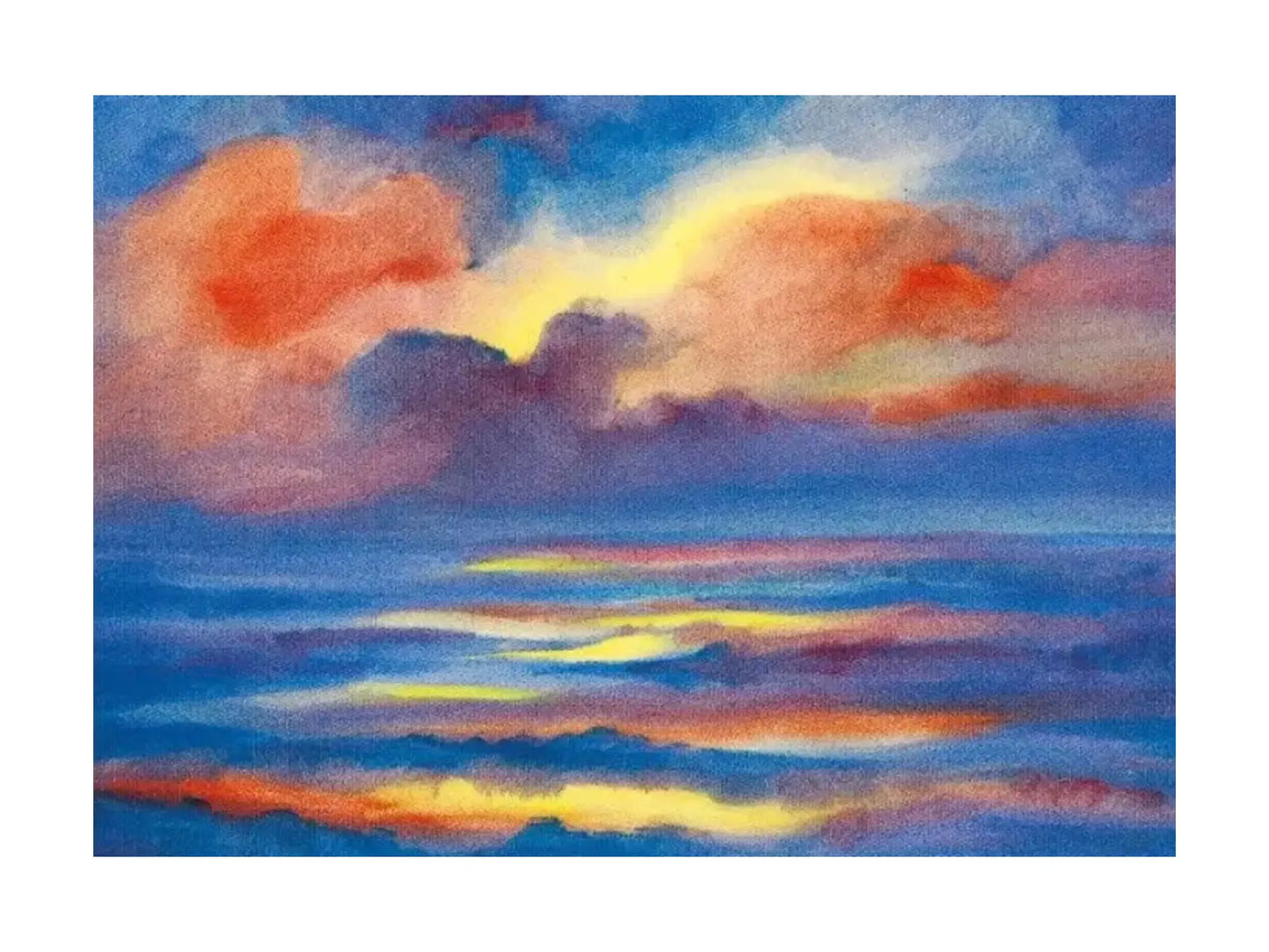 Watercolor painting of a sunset over water with orange, yellow, and blue hues.