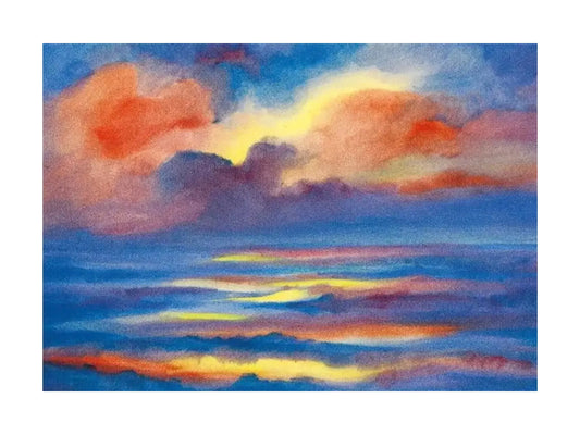 Watercolor painting of a sunset over water with orange, yellow, and blue hues.