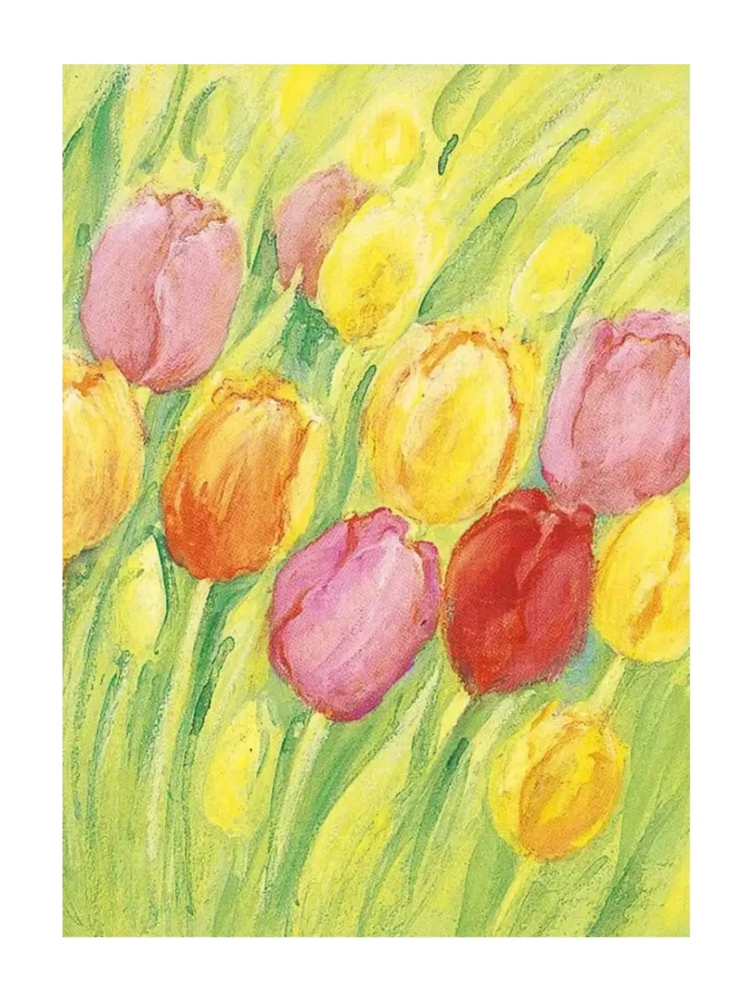 Colorful tulips painting with pink, yellow, and red flowers on a green background