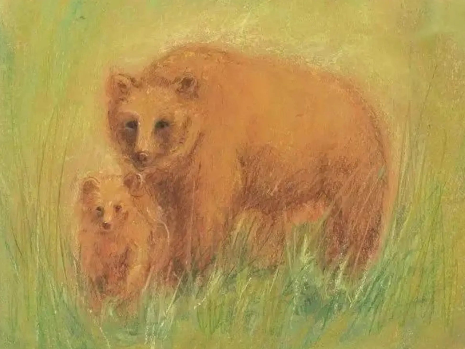 Two bears in a grassy field with a soft, pastel color palette.