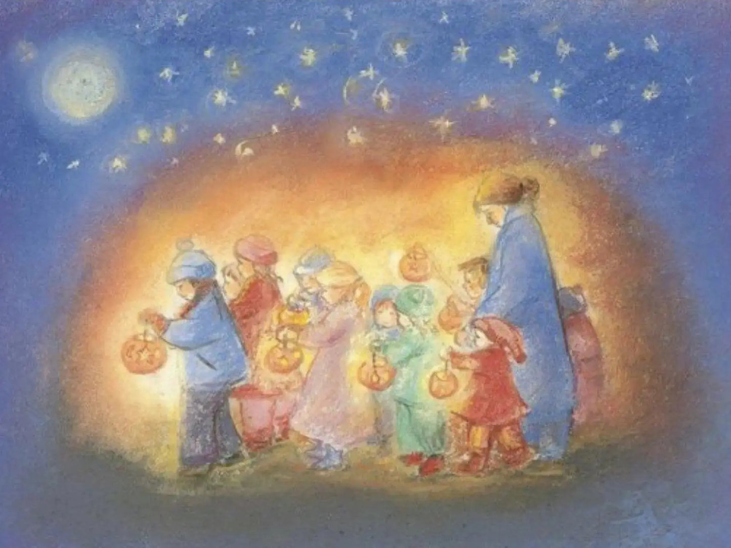Illustration of children with lanterns and a figure in a blue coat under a starry night sky.
