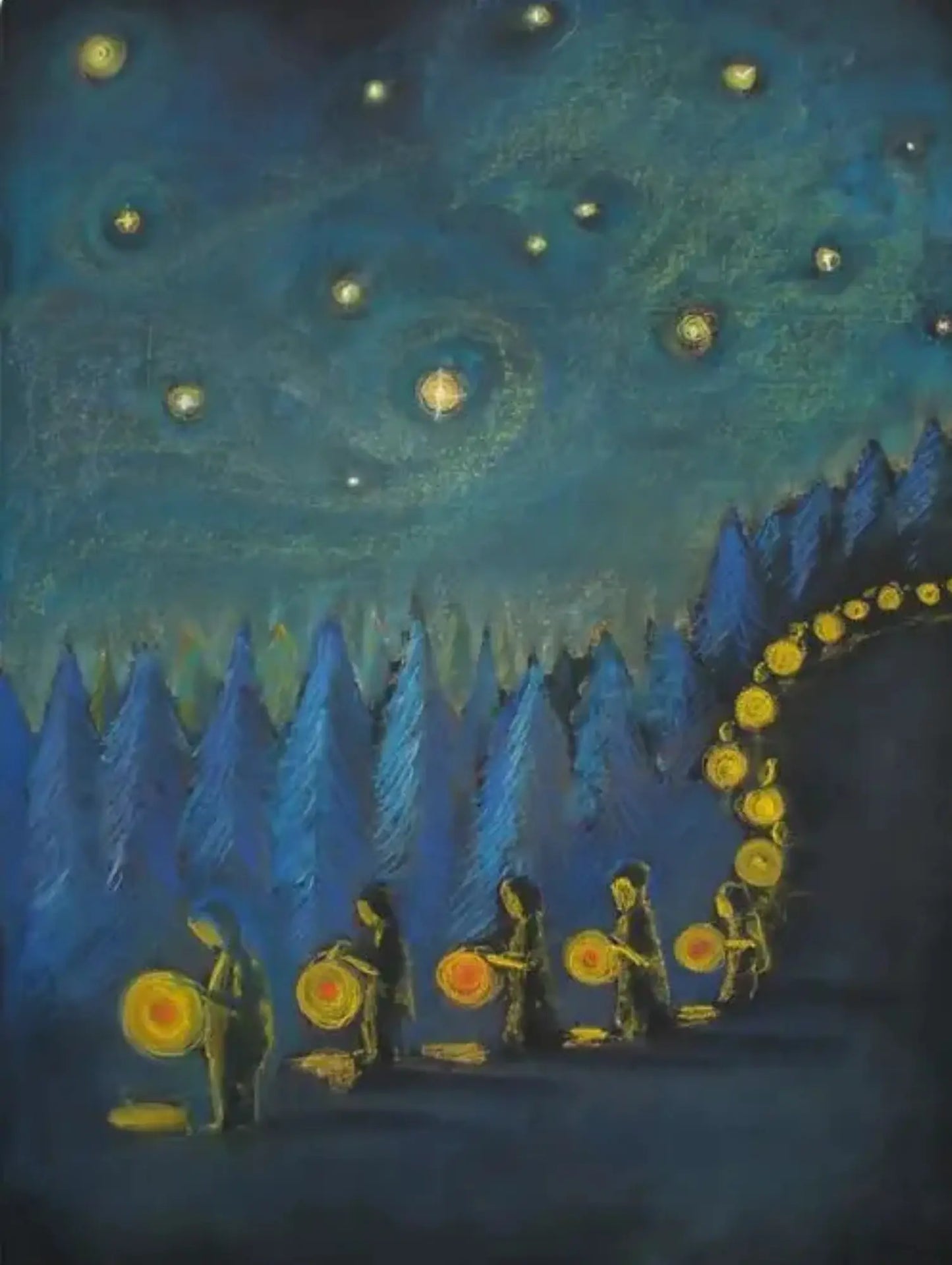 Artistic depiction of people on a lantern walk under a starry night sky with trees.