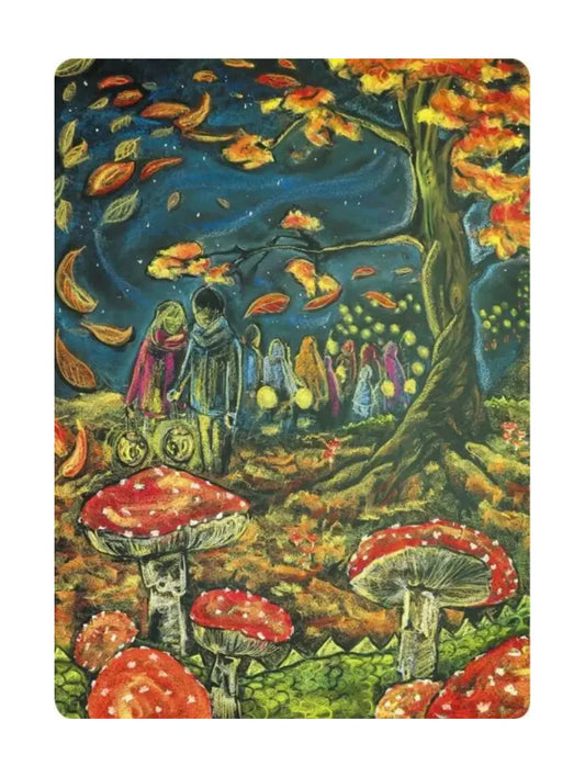 Children holding lanterns walking through an autumn forest scene with leaves, trees, and mushrooms