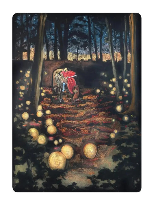 Illustration of Saint Martin as a soldier with a red cloak and a beggar outside a castle city wall