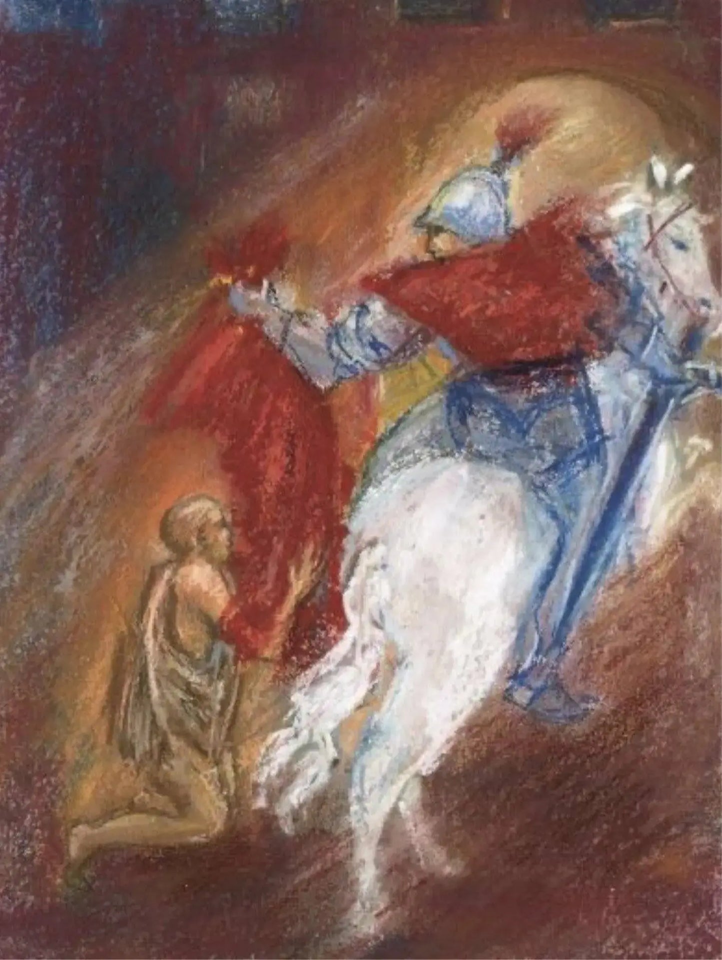 Artistic depiction of a horse with Saint Martin giving part of his red cape to a beggar