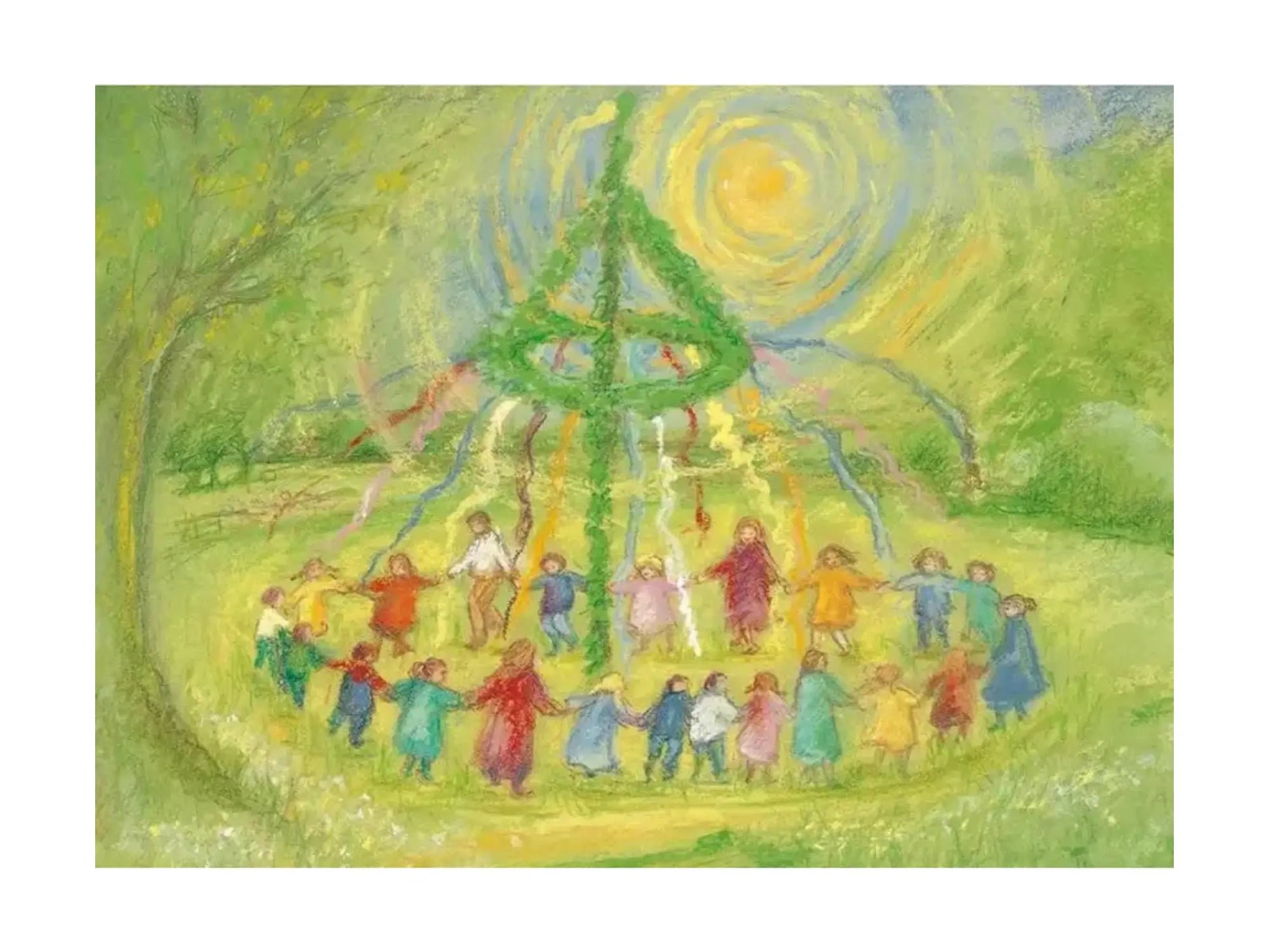 Colorful illustration of people gathered around a Maypole in a natural setting