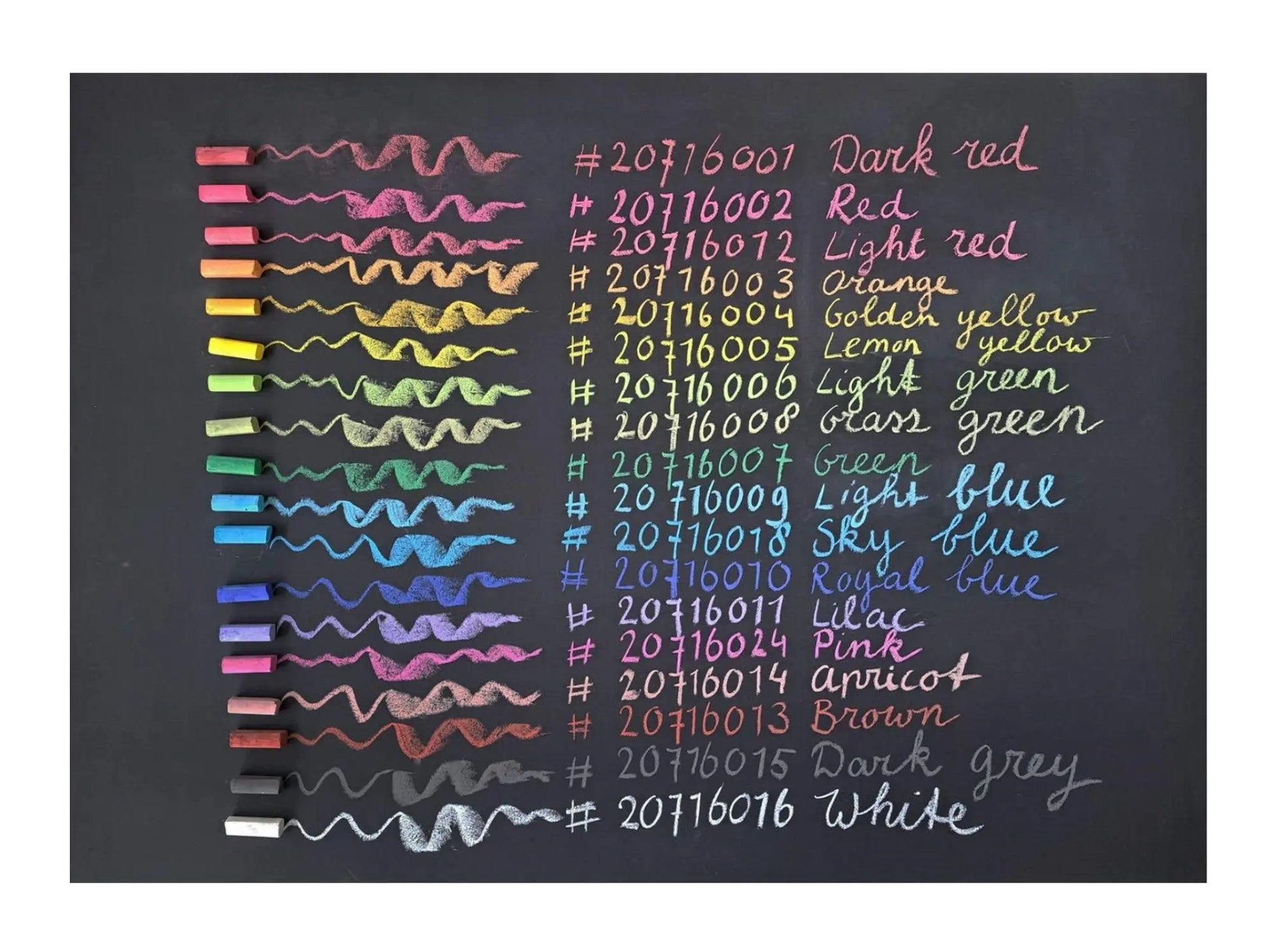 Set of colorful crayon swatches on a black background with color names and codes.