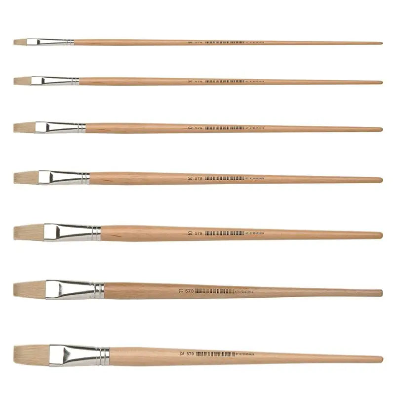 Set of six boar bristle paint brushes with wooden handles on a white background