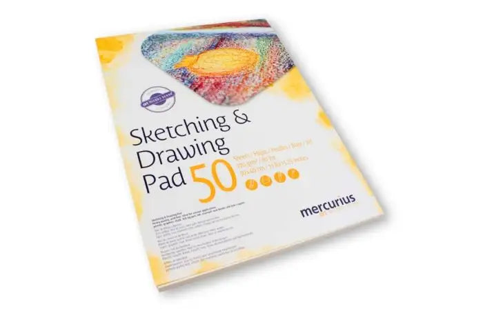 Sketching and drawing pad with colorful cover on a white background