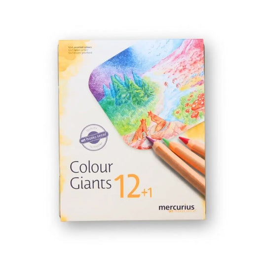 Box of Colour Giants  color pencils with colorful design and mercurius art makes sense branding on a white background
