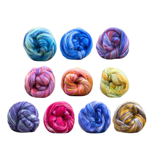 10 different bumps of Merino and silk blends in different tonal colors