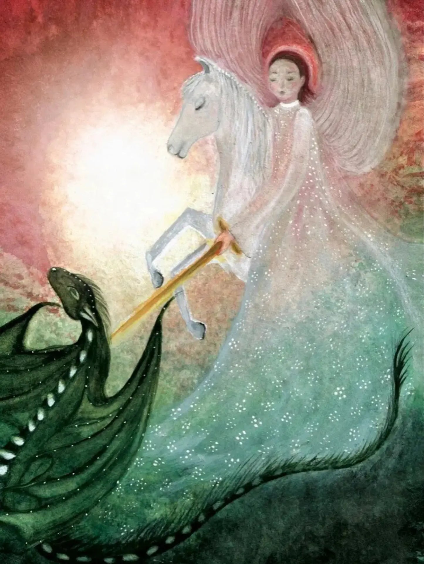 Illustration of a Saint Michael riding a white horse with a dragon at his feet against a colorful background