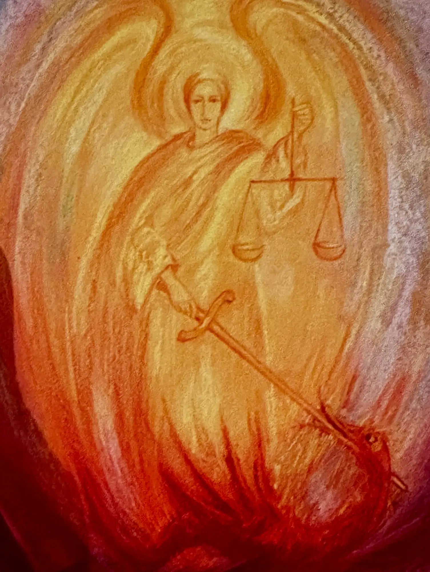 Artistic depiction of an angel with a sword and scales and dragon against a warm, glowing background.