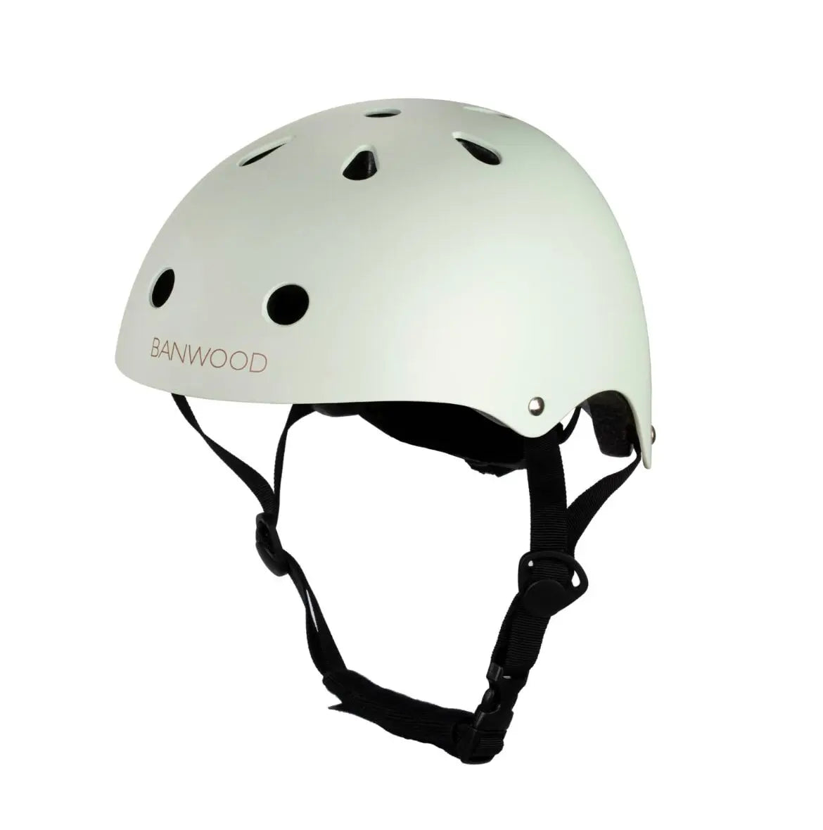 White helmet with black straps on a white background, featuring the brand 'Banwood'.