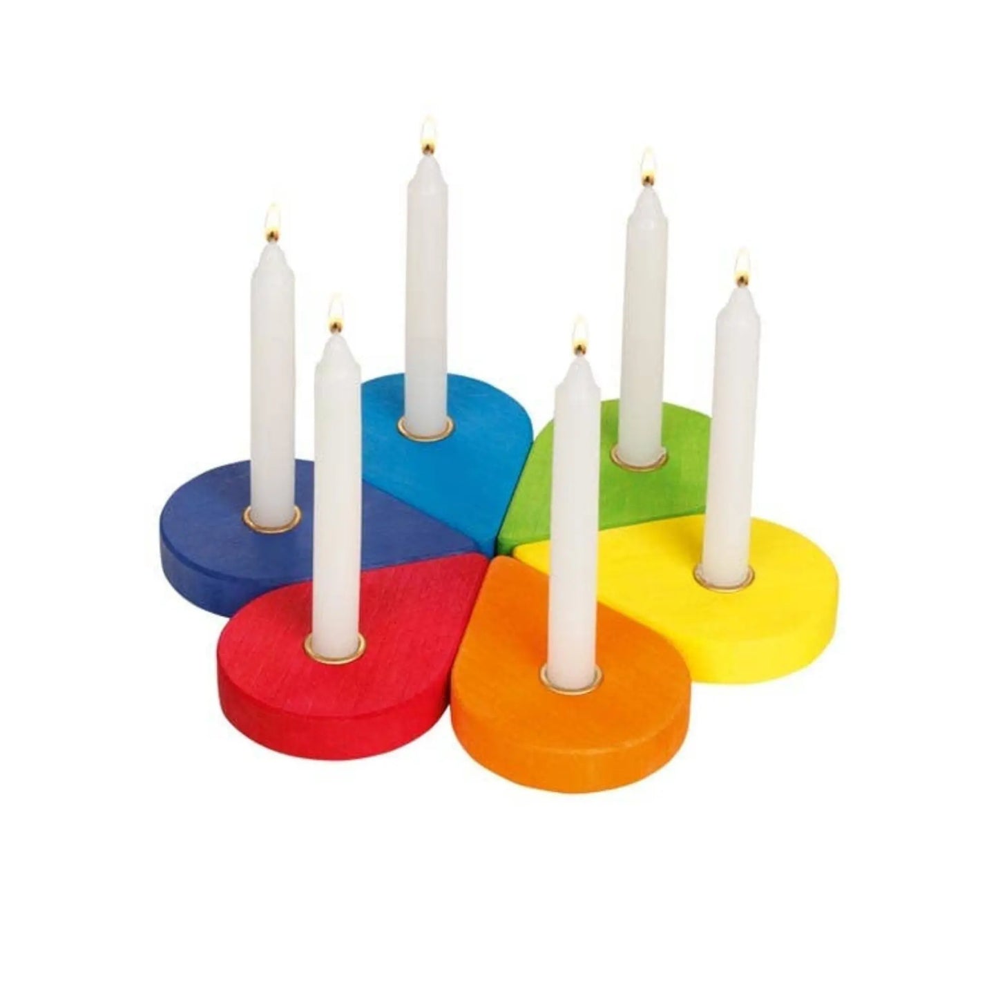 Colorful candle holder birthday wreath in a flower shape with candles on a white background