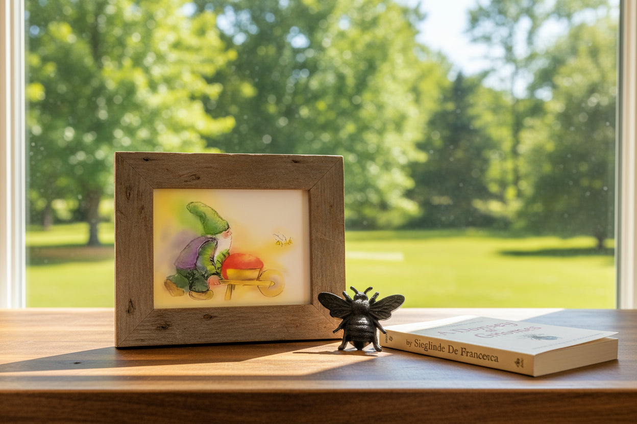 a framed print of a gnome pushing a strawberry in a wooden wheelbarrow on a wooden countertop with an iron bee and a book