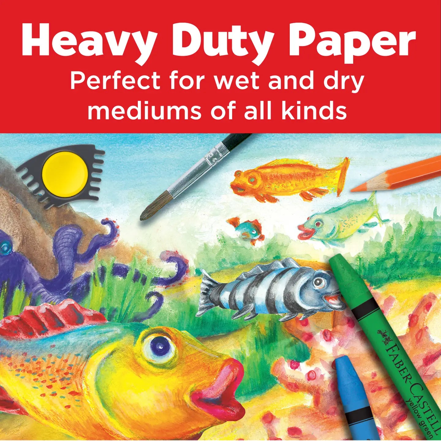 Heavy duty paper packaging with colorful underwater scene and art supplies on a red background